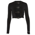 Black Slim Hollow Out Long Sleeve Club Sexy Crop Tank Top Women Blouse
